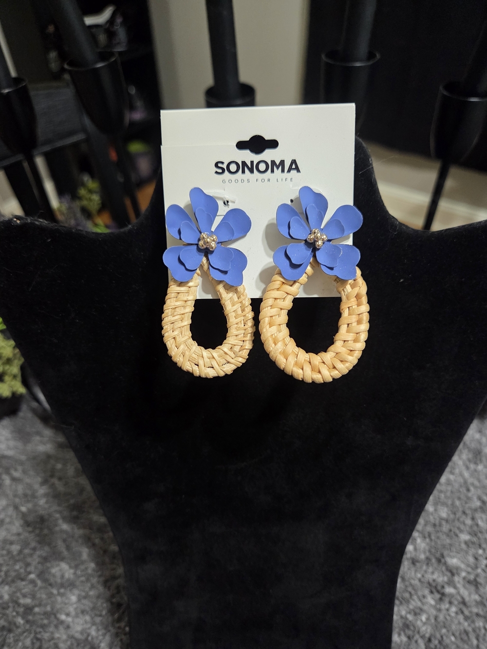 Kohl's SONOMA Blue Floral & Tan Woven Hoop Drop Earrings